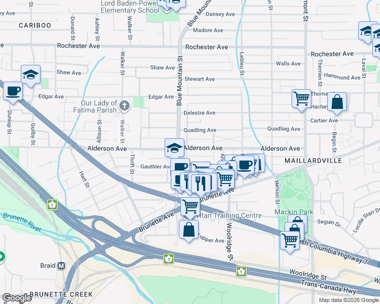 map of restaurants, bars, coffee shops, grocery stores, and more near 904 Alderson Avenue in Coquitlam