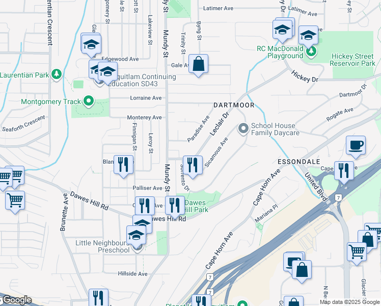 map of restaurants, bars, coffee shops, grocery stores, and more near 2235 Leclair Drive in Coquitlam