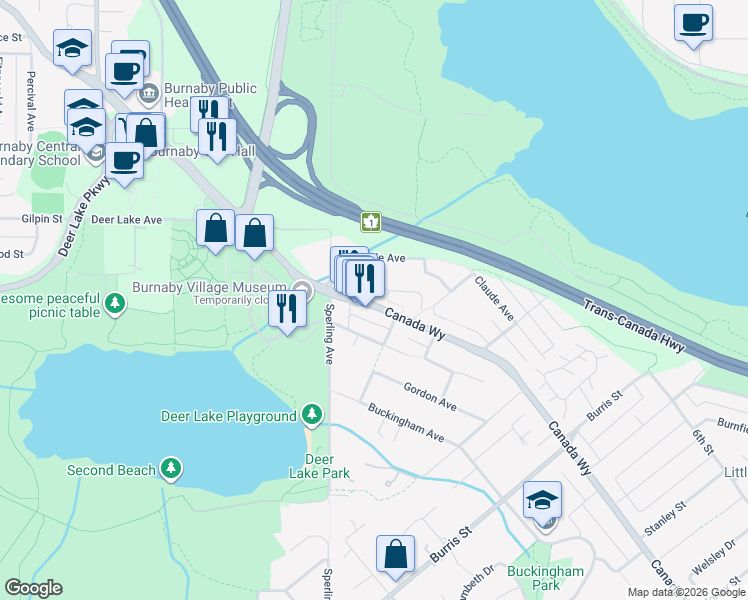 map of restaurants, bars, coffee shops, grocery stores, and more near 5122 Canada Way in Burnaby