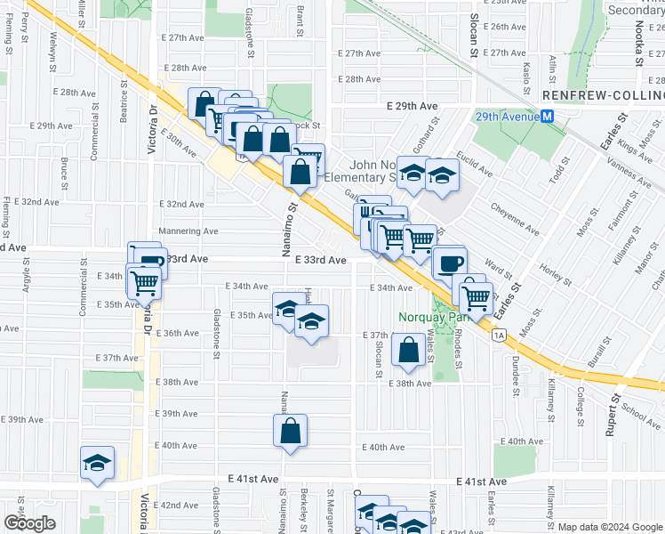 map of restaurants, bars, coffee shops, grocery stores, and more near 2396 East 33rd Avenue in Vancouver