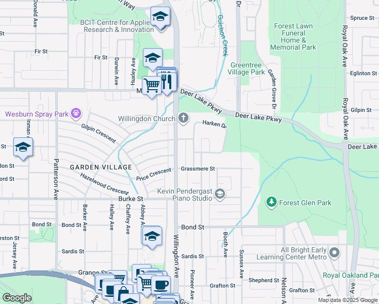 map of restaurants, bars, coffee shops, grocery stores, and more near 4965 Pioneer Avenue in Burnaby