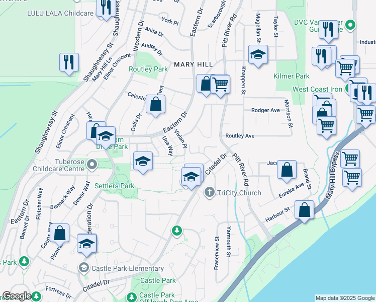 map of restaurants, bars, coffee shops, grocery stores, and more near 1355 Citadel Drive in Port Coquitlam