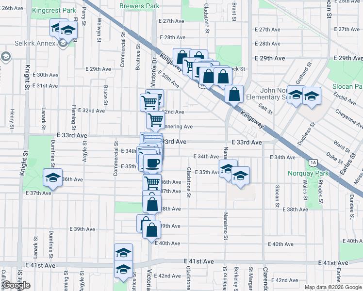 map of restaurants, bars, coffee shops, grocery stores, and more near 4902 Gladstone Street in Vancouver