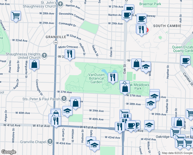 map of restaurants, bars, coffee shops, grocery stores, and more near 5251 Oak Street in Vancouver