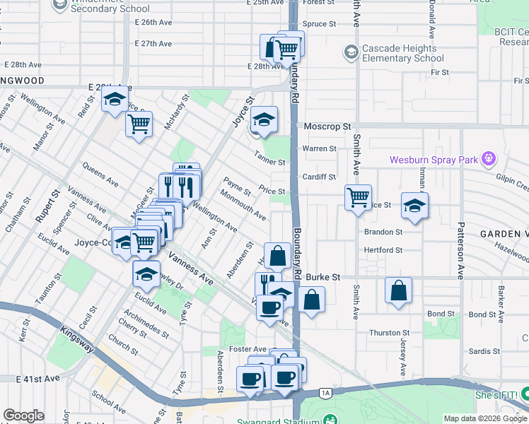 map of restaurants, bars, coffee shops, grocery stores, and more near 4987 Hoy Street in Vancouver