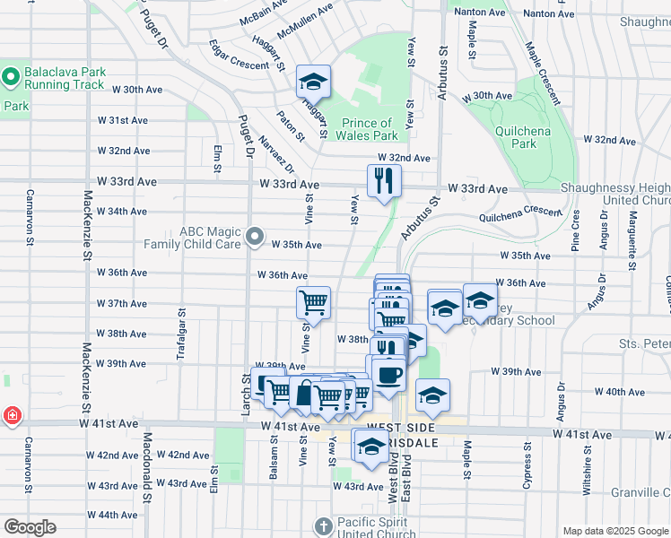 map of restaurants, bars, coffee shops, grocery stores, and more near 2209 West 36th Avenue in Vancouver