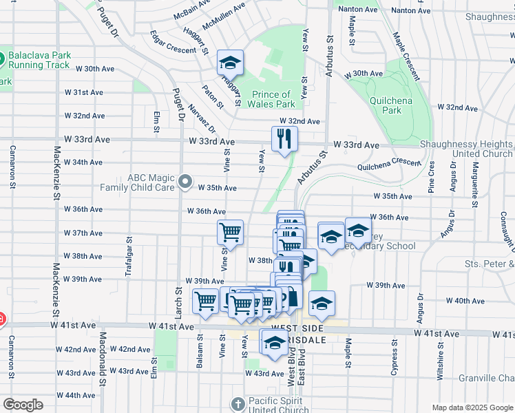map of restaurants, bars, coffee shops, grocery stores, and more near 5188 Yew Street in Vancouver