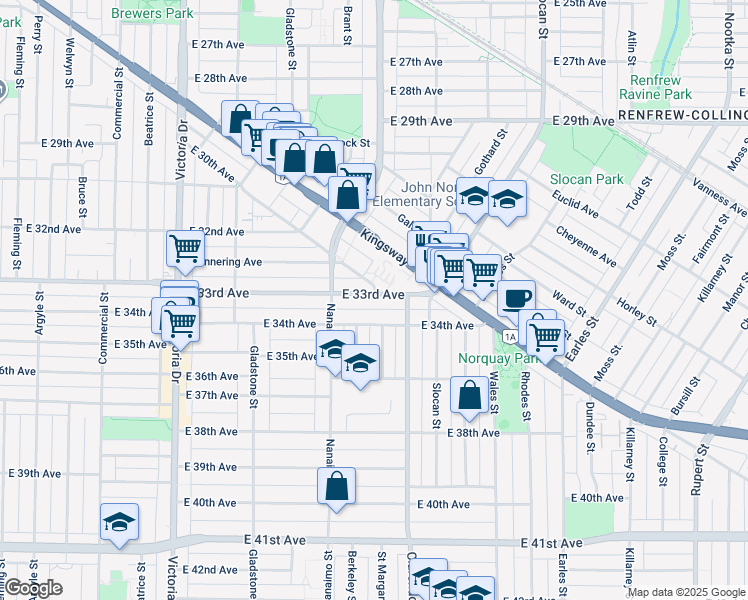 map of restaurants, bars, coffee shops, grocery stores, and more near 2380 East 33rd Avenue in Vancouver