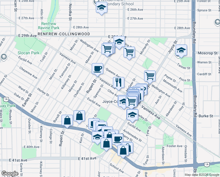 map of restaurants, bars, coffee shops, grocery stores, and more near 3241 Clive Avenue in Vancouver