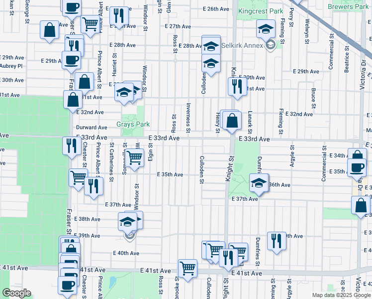 map of restaurants, bars, coffee shops, grocery stores, and more near 4955 Inverness Street in Vancouver