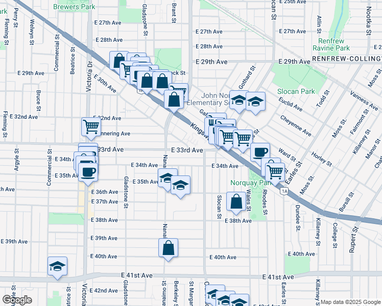 map of restaurants, bars, coffee shops, grocery stores, and more near 2392 East 33rd Avenue in Vancouver