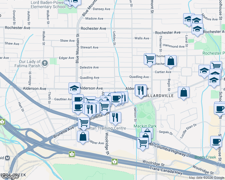 map of restaurants, bars, coffee shops, grocery stores, and more near 236 Lebleu Street in Coquitlam