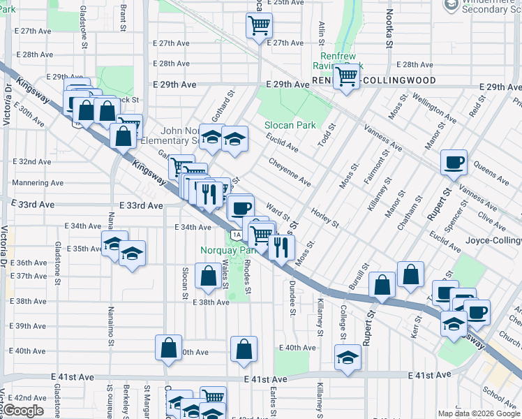 map of restaurants, bars, coffee shops, grocery stores, and more near in Vancouver