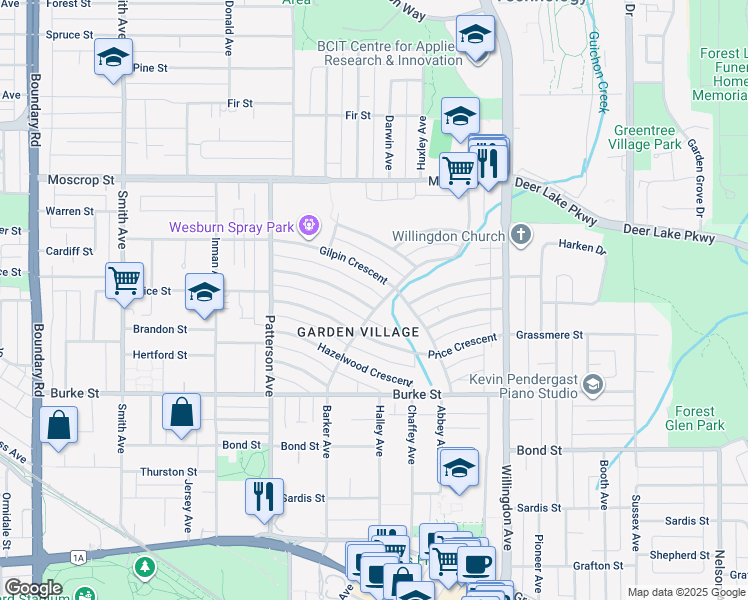map of restaurants, bars, coffee shops, grocery stores, and more near 4277 Castlewood Crescent in Burnaby