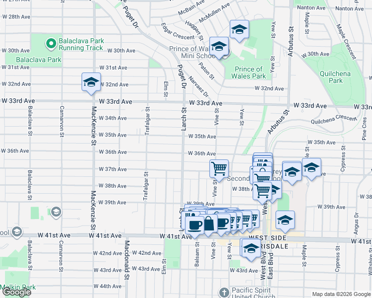 map of restaurants, bars, coffee shops, grocery stores, and more near 2499 West 36th Avenue in Vancouver