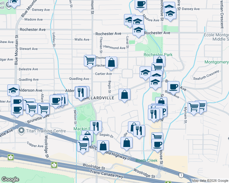map of restaurants, bars, coffee shops, grocery stores, and more near 1215 Brunette Avenue in Coquitlam