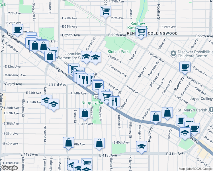 map of restaurants, bars, coffee shops, grocery stores, and more near 2704 Ward Street in Vancouver