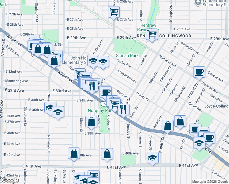 map of restaurants, bars, coffee shops, grocery stores, and more near 2704 Ward Street in Vancouver