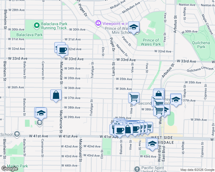 map of restaurants, bars, coffee shops, grocery stores, and more near 2551 West 36th Avenue in Vancouver