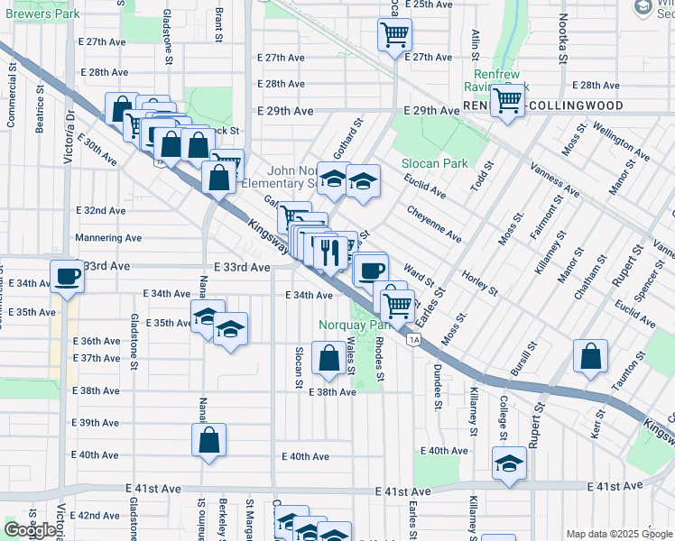 map of restaurants, bars, coffee shops, grocery stores, and more near 4989 Duchess Street in Vancouver