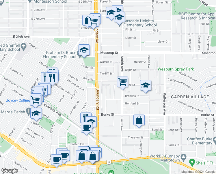 map of restaurants, bars, coffee shops, grocery stores, and more near 4952 Lorraine Avenue in Burnaby