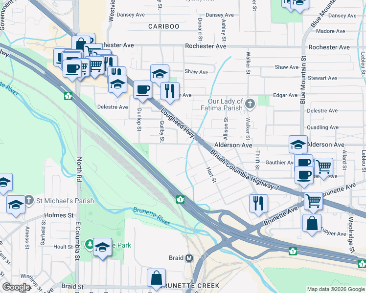 map of restaurants, bars, coffee shops, grocery stores, and more near 644 Alderson Avenue in Coquitlam