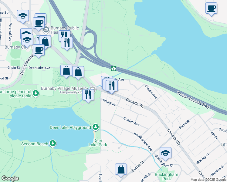 map of restaurants, bars, coffee shops, grocery stores, and more near 5122 Canada Way in Burnaby