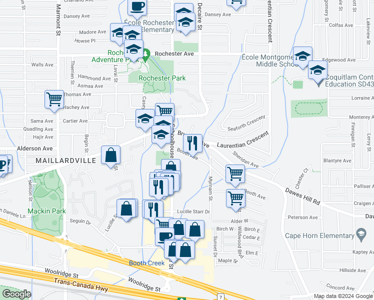 map of restaurants, bars, coffee shops, grocery stores, and more near 1561 Booth Avenue in Coquitlam