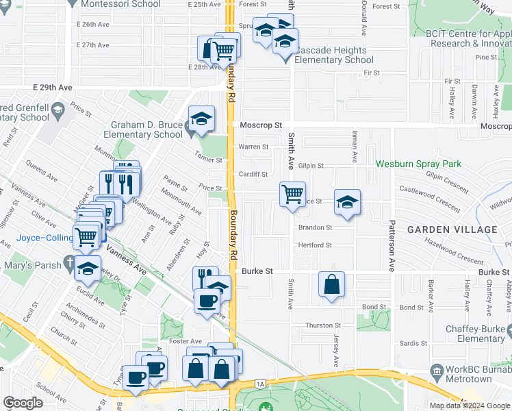 map of restaurants, bars, coffee shops, grocery stores, and more near 4952 Lorraine Avenue in Burnaby