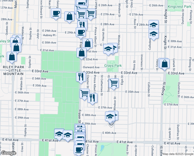 map of restaurants, bars, coffee shops, grocery stores, and more near 4960 Prince Albert Street in Vancouver