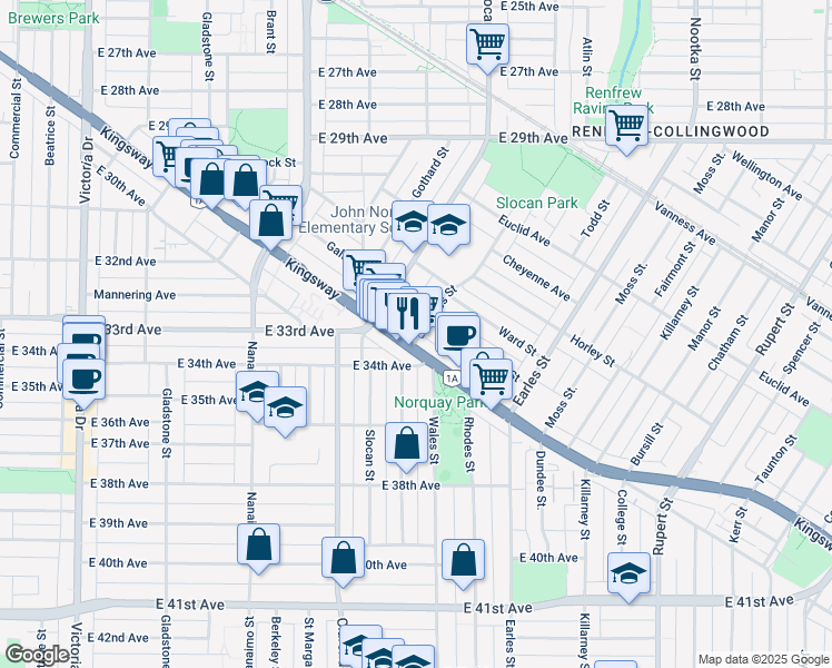 map of restaurants, bars, coffee shops, grocery stores, and more near 4989 Duchess Street in Vancouver