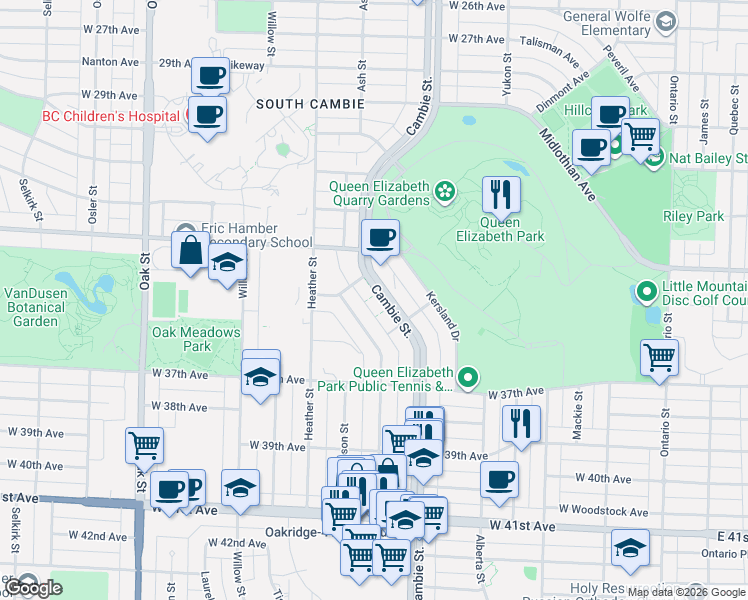 map of restaurants, bars, coffee shops, grocery stores, and more near 5033 Cambie Street in Vancouver