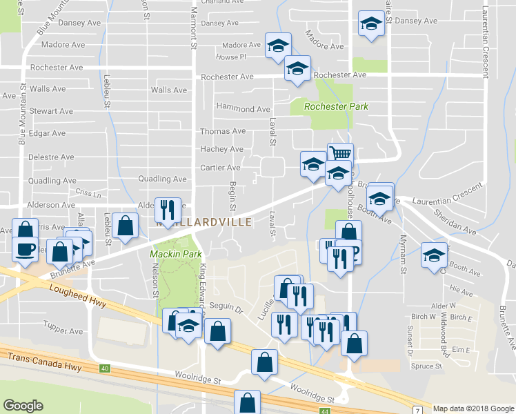 map of restaurants, bars, coffee shops, grocery stores, and more near 1225 Brunette Avenue in Coquitlam