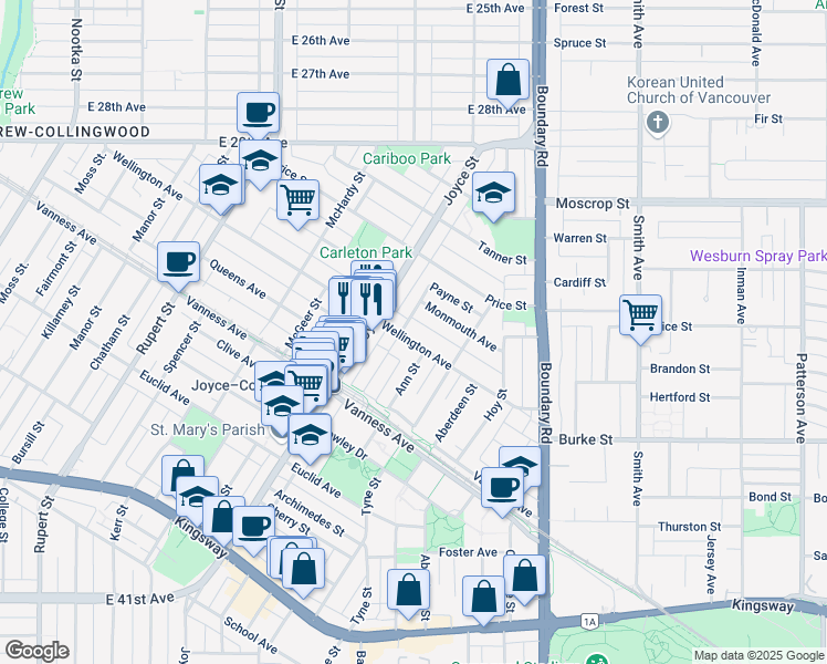 map of restaurants, bars, coffee shops, grocery stores, and more near in Vancouver
