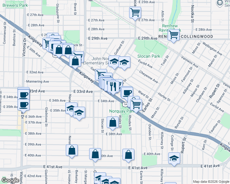 map of restaurants, bars, coffee shops, grocery stores, and more near in Vancouver