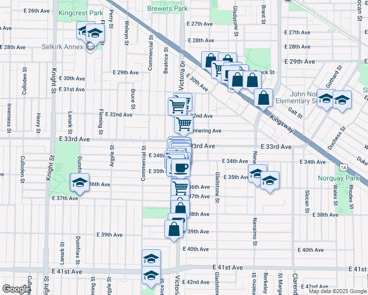 map of restaurants, bars, coffee shops, grocery stores, and more near 4950 Victoria Drive in Vancouver