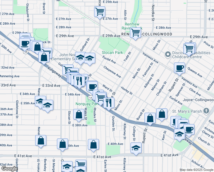 map of restaurants, bars, coffee shops, grocery stores, and more near 2745 Ward Street in Vancouver
