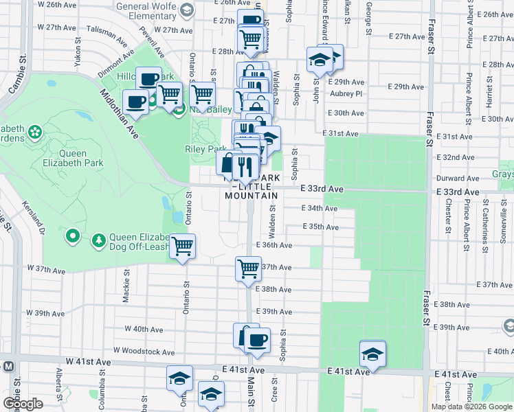map of restaurants, bars, coffee shops, grocery stores, and more near 4994 Main Street in Vancouver