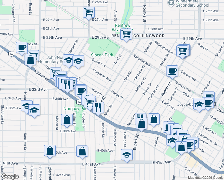 map of restaurants, bars, coffee shops, grocery stores, and more near 4996 Earles Street in Vancouver