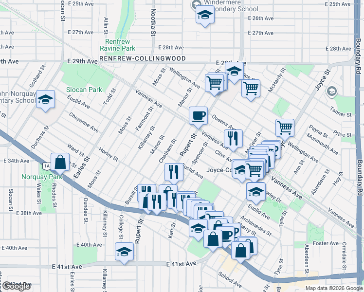 map of restaurants, bars, coffee shops, grocery stores, and more near 4975 Rupert Street in Vancouver