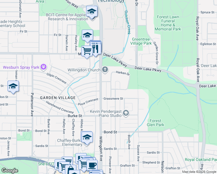 map of restaurants, bars, coffee shops, grocery stores, and more near 4949 Pioneer Avenue in Burnaby