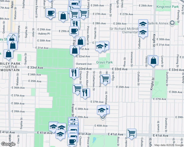 map of restaurants, bars, coffee shops, grocery stores, and more near 4961 Saint Catherines Street in Vancouver