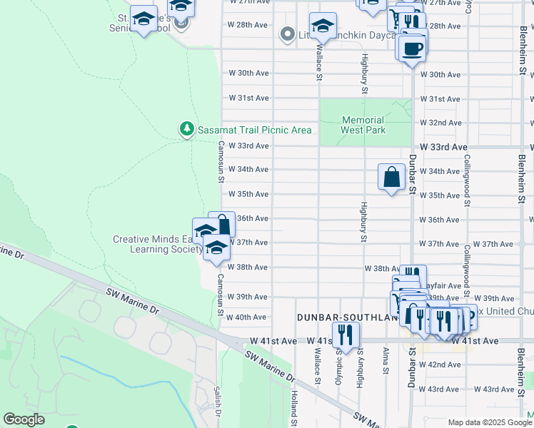 map of restaurants, bars, coffee shops, grocery stores, and more near 5081 Crown Street in Vancouver