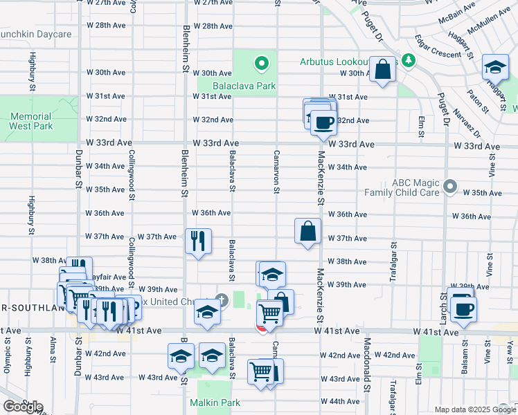 map of restaurants, bars, coffee shops, grocery stores, and more near 3075 West 36th Avenue in Vancouver