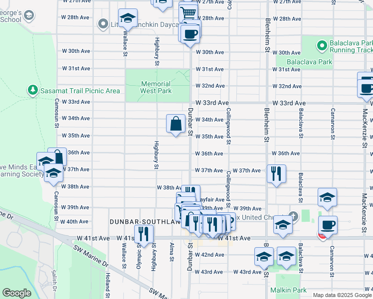 map of restaurants, bars, coffee shops, grocery stores, and more near 5175 Dunbar Street in Vancouver