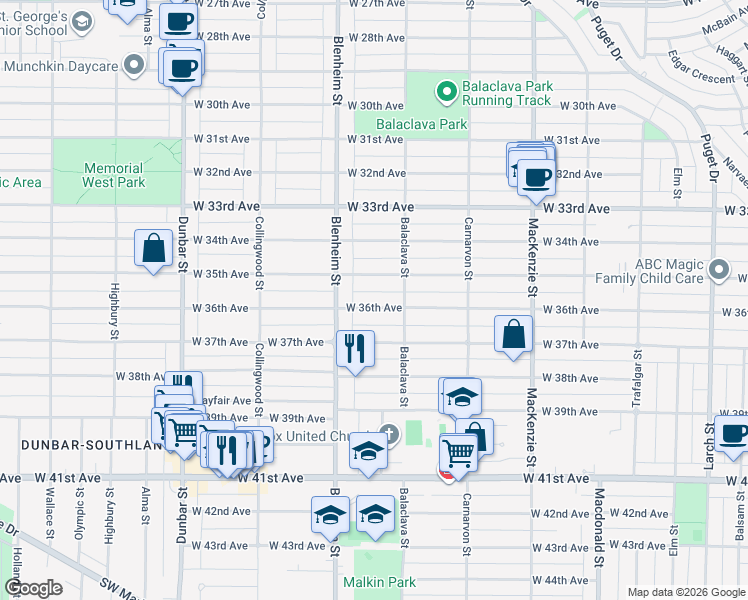map of restaurants, bars, coffee shops, grocery stores, and more near 3251 West 36th Avenue in Vancouver