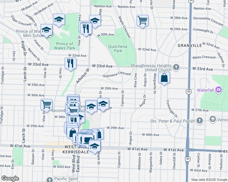 map of restaurants, bars, coffee shops, grocery stores, and more near 1938 West 35th Avenue in Vancouver