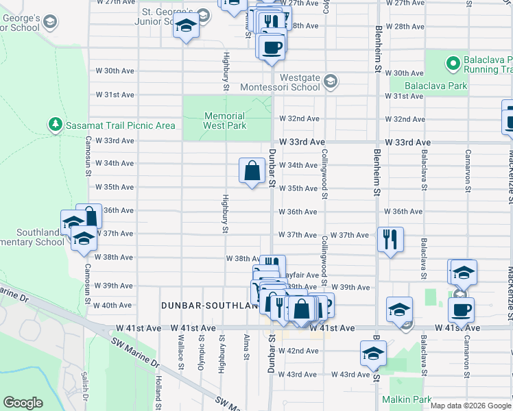 map of restaurants, bars, coffee shops, grocery stores, and more near 3657 West 36th Avenue in Vancouver
