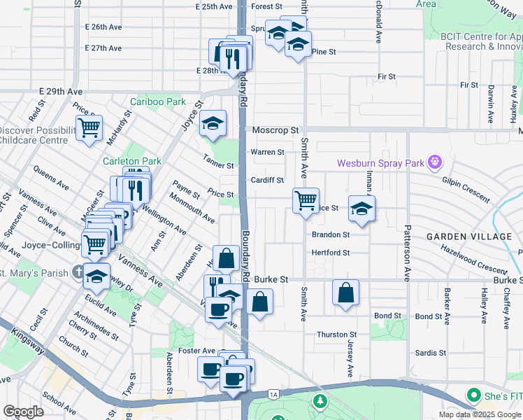 map of restaurants, bars, coffee shops, grocery stores, and more near 4955 Lorraine Avenue in Burnaby