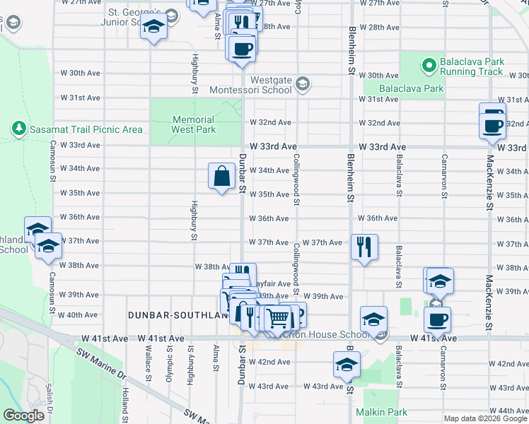 map of restaurants, bars, coffee shops, grocery stores, and more near 3557 West 36th Avenue in Vancouver